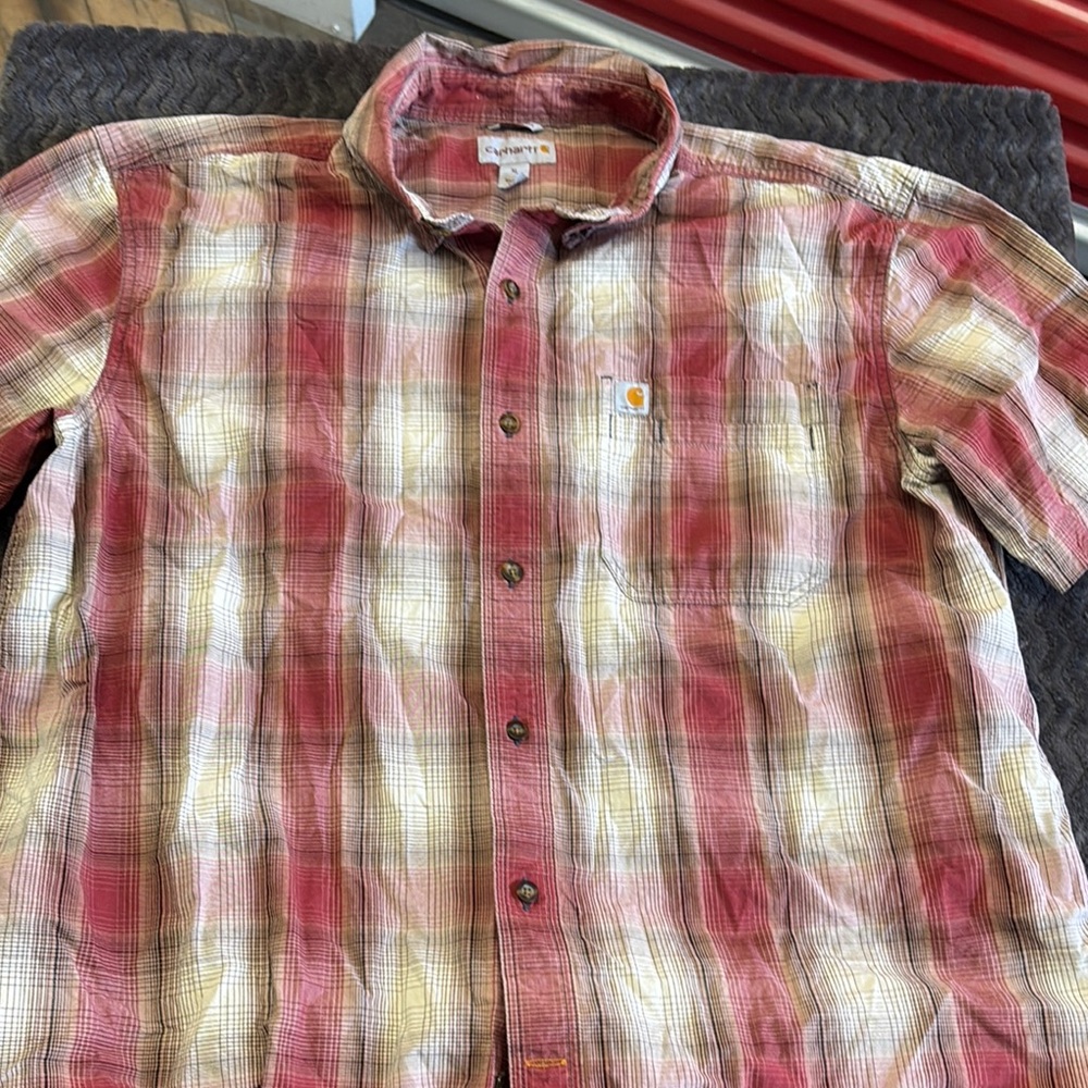 Sale Carhartt Men's Red and Cream Plaid Shirt short sleeve pocket size XL
